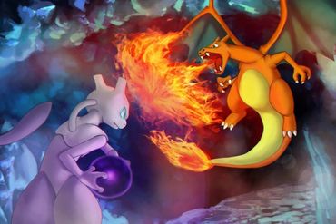 Mewtwo and Charizard face off in an intense battle with fire and psychic energy.