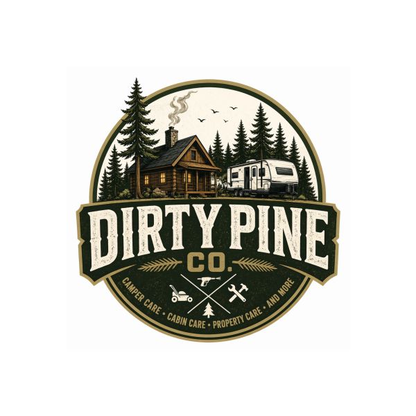 Logo of Dirty Pine Co. with cabin, camper, and pine trees.