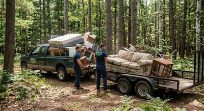 Two men unload furniture from a truck and trailer in a forest clearing.