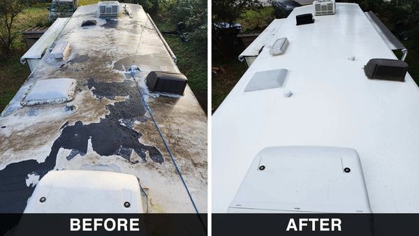 Before and after of a cleaned and restored RV roof.