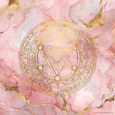 Golden geometric mandala on a pink marble background with gold accents.