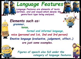 LANGUAGE FEATURES include grammar, tense, emotive language, figures of speech...
