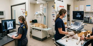 Veterinarians examining dogs using X-ray and ultrasound.