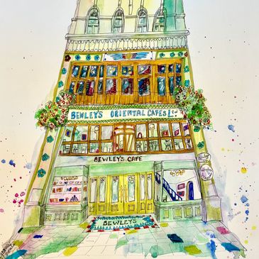 Watercolor sketch of Bewley's Oriental Cafes building with colorful splashes.