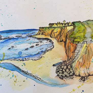 Watercolor painting of a coastal cliff with stairs and buildings atop.