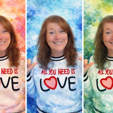 Woman smiling in three colorful portraits wearing a 'All You Need Is Love' sweater.