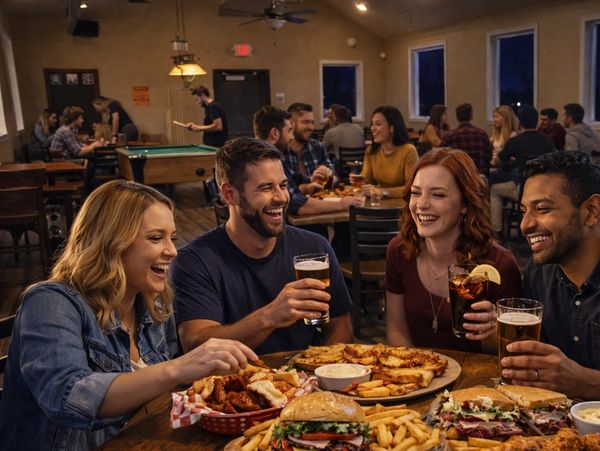 Friends eating comfort food and drinking at Mickeys Place
