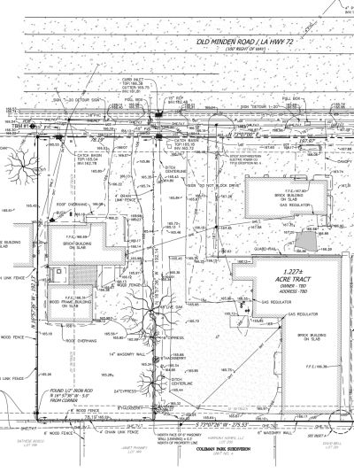 Detailed site plan for a 1.227-acre tract on Old Minden Road with buildings and utilities.