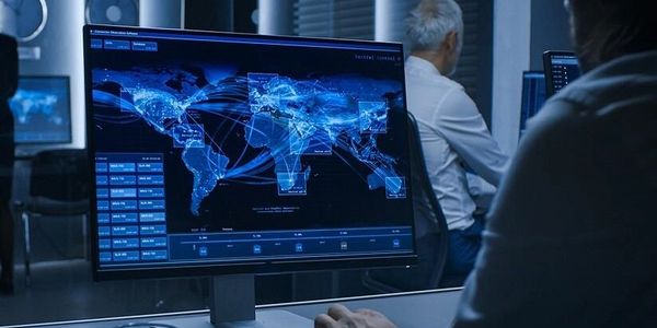 Person analyzing global network data on a computer screen in a control room.