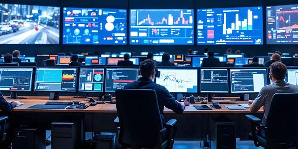 People monitoring multiple screens with data and analytics in a control room.