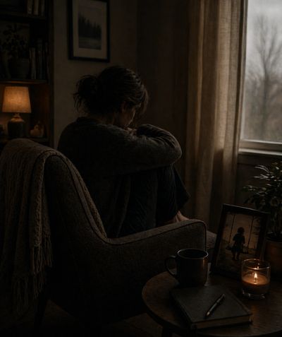 A person sitting alone in a dimly lit room, looking contemplative.