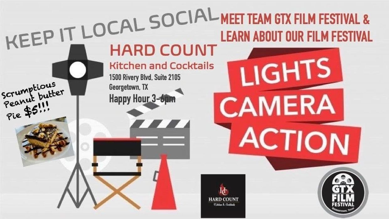 Flyer for GTX Film Festival social at Hard Count Kitchen in Georgetown, TX.