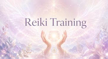 Hands raised with glowing light and lavender tones for Reiki Training.