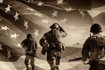 Vintage photo of soldiers marching with a superimposed American flag.