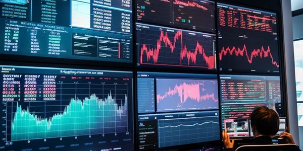 computer monitors on trading computers showing 6 figurations set up for the stock market