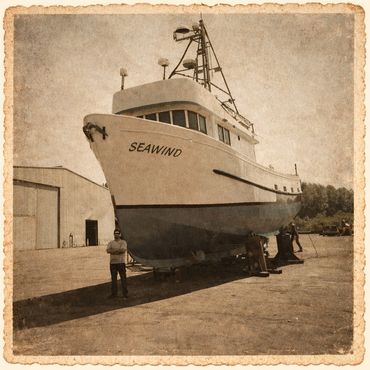 Vintage photo of a ship named SEAWIND docked with a person standing nearby.
