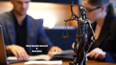 Lady Justice statue with lawyers working in background at Vinod Kaushik Advocate & Associates.