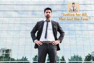 Confident businessman stands firm in front of glass building with a justice quote.