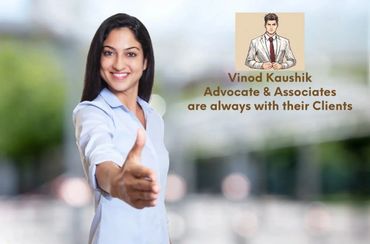 Confident woman offering a handshake with a legal service advertisement.