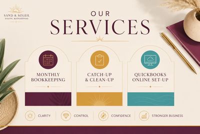 Sand & Soleil Digital Bookkeeping image - Our Services - Monthly Bookkeeping, Cat-up & Clean-up, Qui