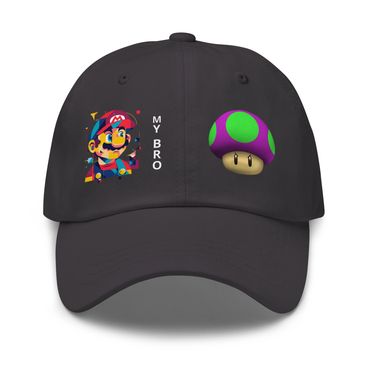 Black cap with colorful Mario art and purple mushroom graphic.