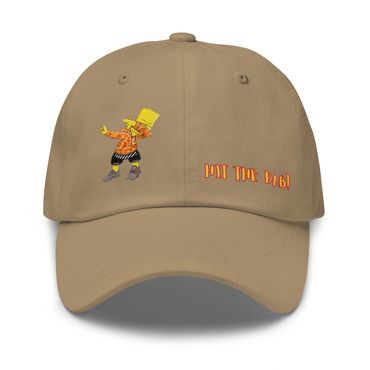 Beige cap with dabbing Bart Simpson and 'HIT THE DAB!' text.