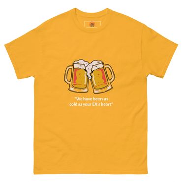 Yellow T-shirt with clinking beer mugs and witty quote about cold beers and ex's heart.