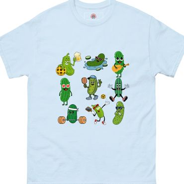 Light blue T-shirt with playful cartoon pickles in various fun activities.