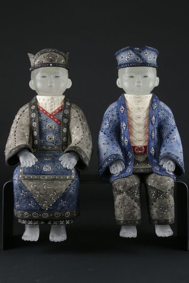 Brothers
2018
23" H x 21" W x 10" D
cast glass, stoneware, gemstones, steel base