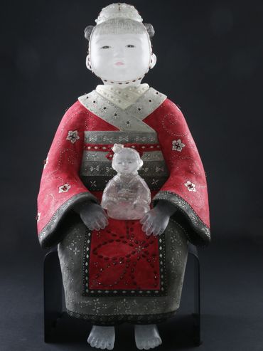 Musician Doll
2016
26" H x 12" W x 10" D 
cast glass, stoneware, gemstones, steel base