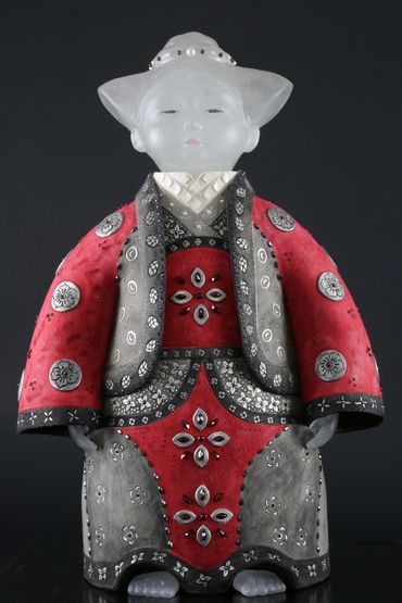 Silver Medallions
2018
28" H x 15" W x 10" D
cast glass, stoneware, gemstones, steel base