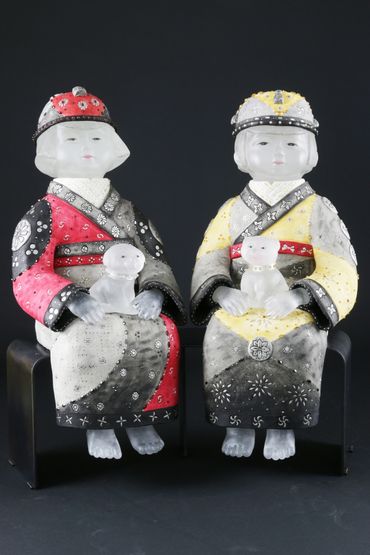 Sisters
2018
24" H x 22" W x 11" D
cast glass, stoneware, gemstones, steel base