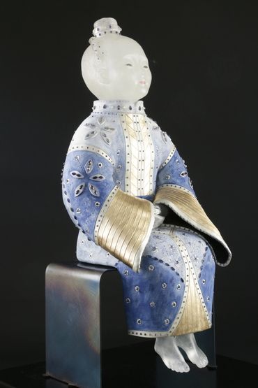 Topknot
2018
28.5" H x 13" W x 11.5" D
cast glass, stoneware, gemstones, gold leaf, steel base