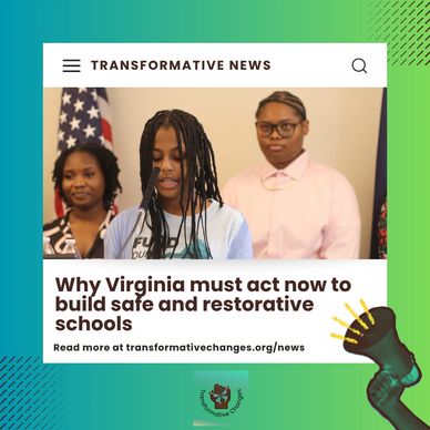 Three women at a news event advocating for safe and restorative schools in Virginia.