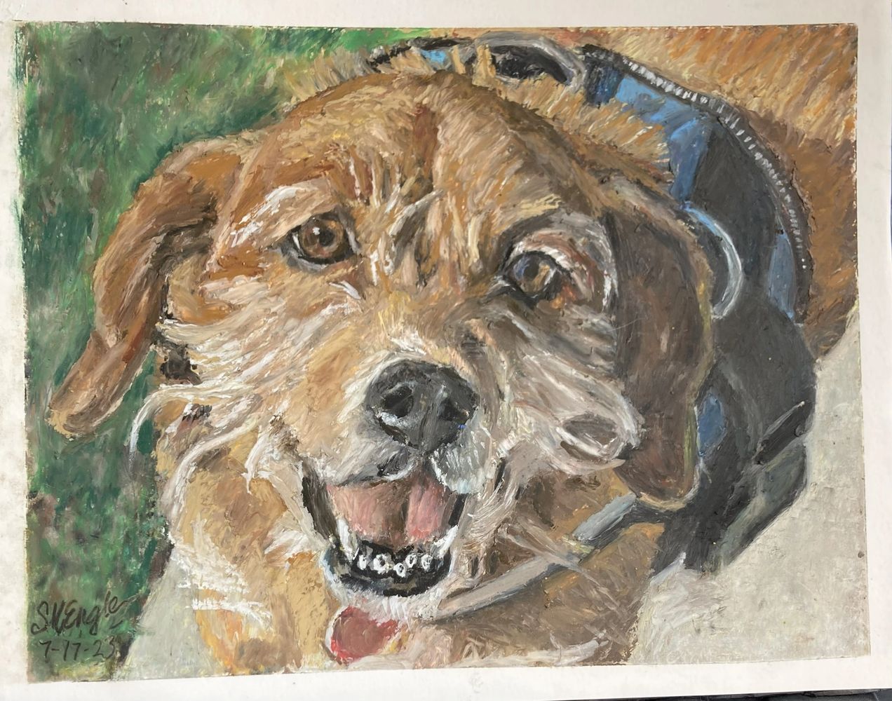 A vibrant oil painting of a happy dog with expressive eyes and an open mouth.