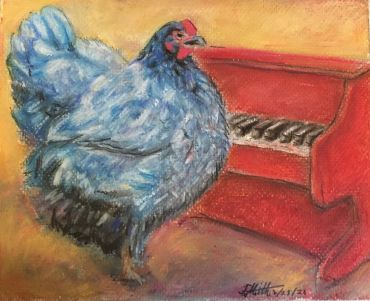 Colored Pencil picture of a rooster and a piano.