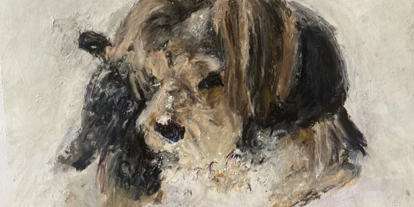 A textured painting of a dog with brown and black fur.