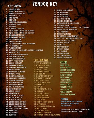 Convention vendor key for the 4th annual Gathering of the Ghouls, August 22-23, 2026 in Mesa!