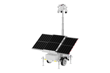 Mobile solar-powered surveillance system with multiple cameras on an extendable pole.