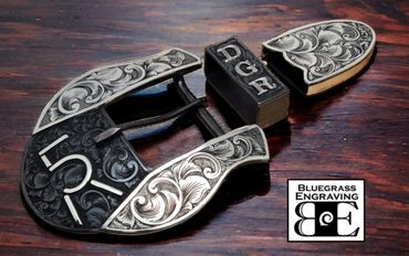 Bluegrass Engraving custom 3-piece steel and silver buckle set, with custom cattle brand,.