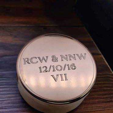 Bluegrass Engraving copper dip can and lid set, engraved with lettering and scrollwork.