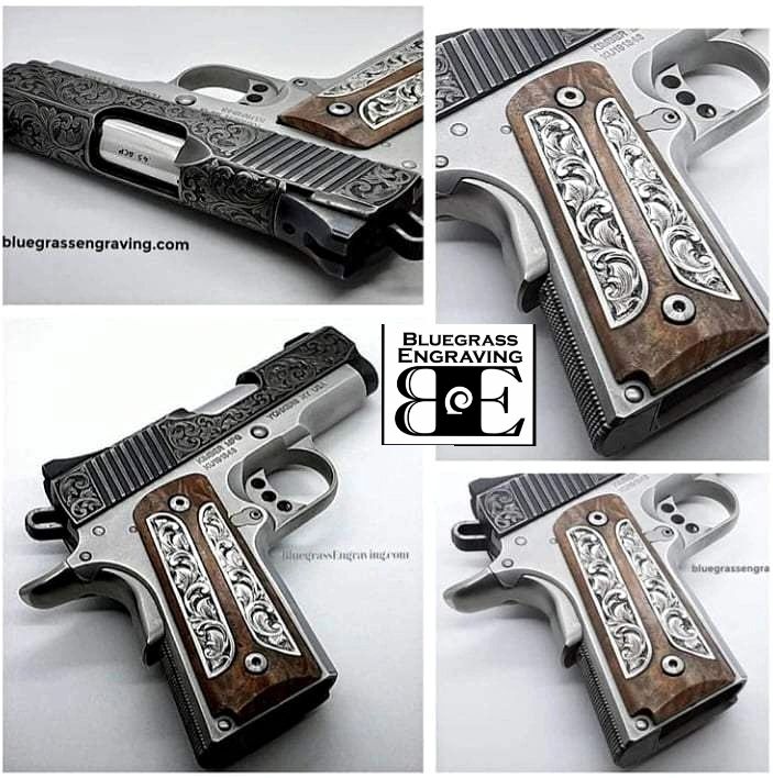 An engraved handgun shown from various angles. 
