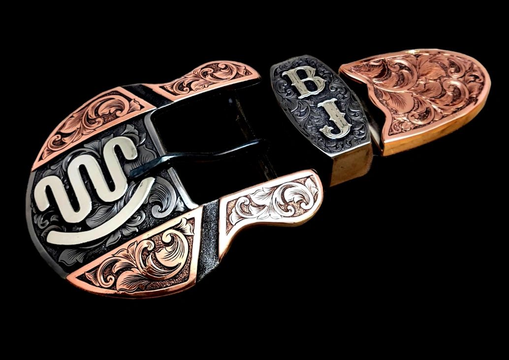 3-piece western ranger buckle set,  with copper overlay, engraved scrollwork, and nickel brand.
