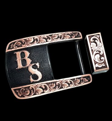 Copper and steel western buckle set by Bluegrass Engraving.