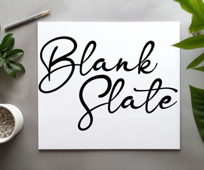 A picture of a white square surrounded by green plants, with lettering that says Blank Slate.