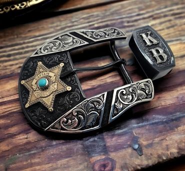 Bluegrass Engraving custom buckle set with Sheriff's badge and turquoise.