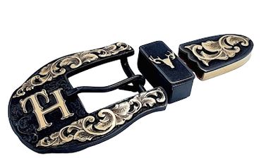 Bluegrass Engraving custom buckle set for 1" belt, with brass overlaid scrollwork.