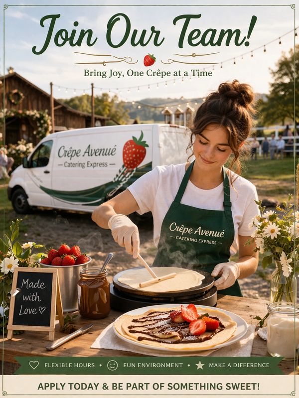 Woman making crepes in an outdoor catering setup, inviting to join the team.