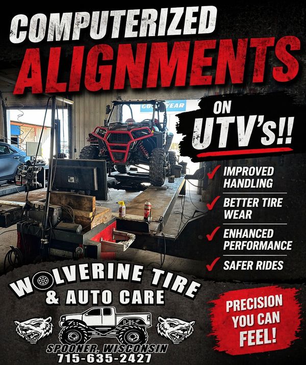 Advertisement for computerized alignments on UTVs at Wolverine Tire & Auto Care.