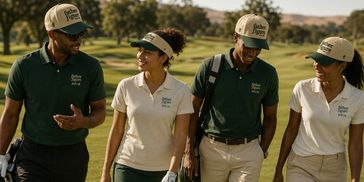 Four friends in golf attire walking on a sunny golf course, smiling and chatting.